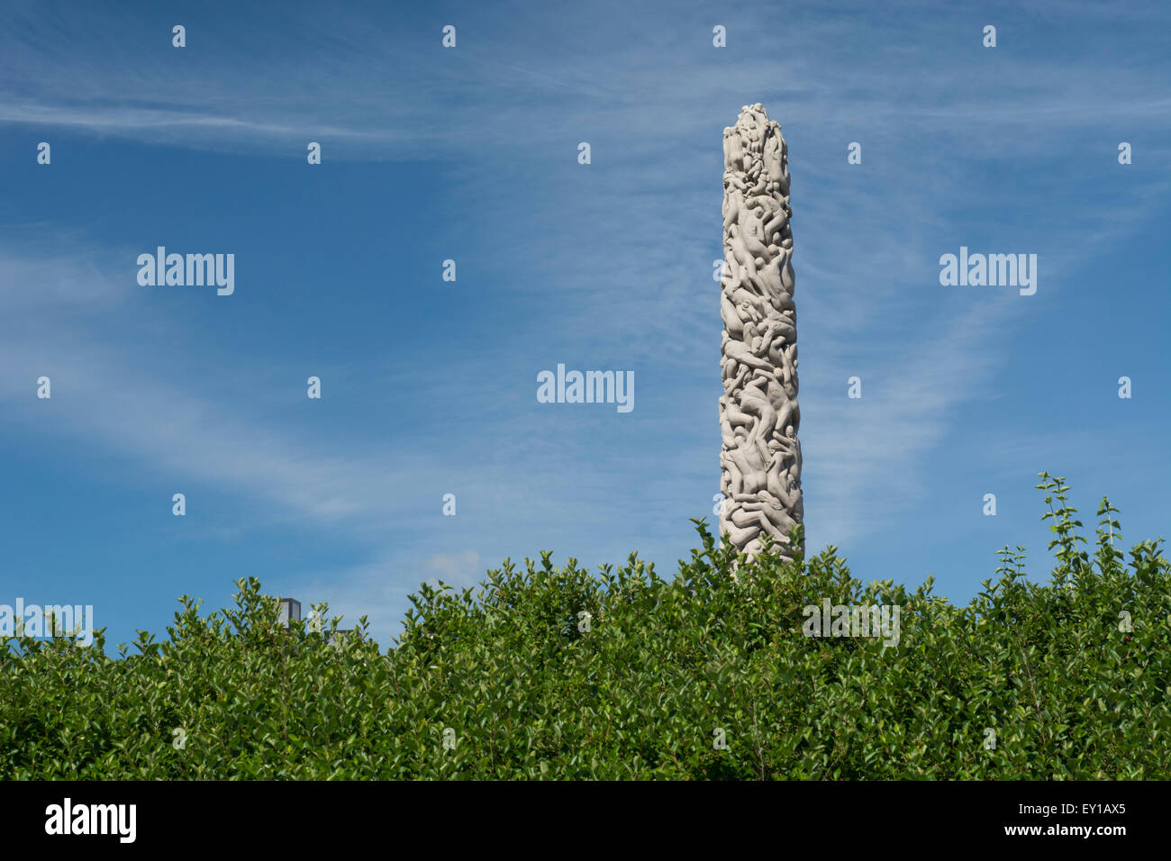 Norway, Oslo. Vigeland Park (aka Vigelandsparken or Frogner Park), that showcases Gustav Vigeland's artwork. Carved obelisk. Stock Photo