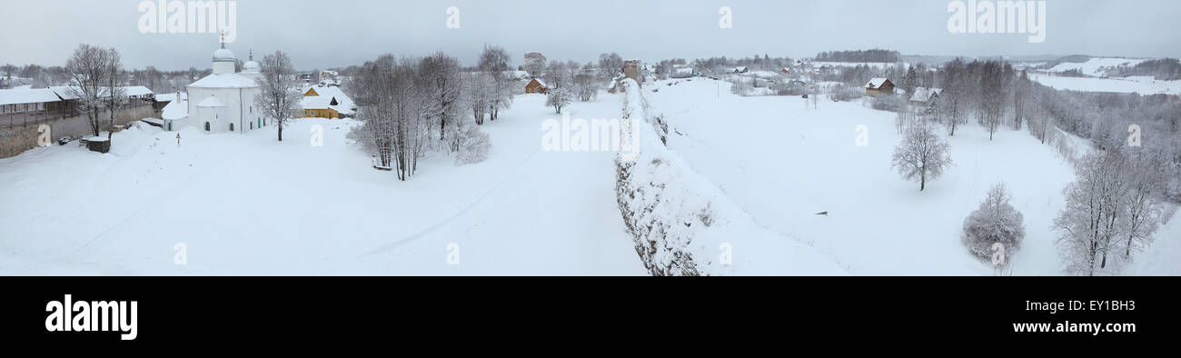 Russian winter. St Nicholas' Church and the Izborsk Fortress near Pskov, Russia. Panorama from the Lukovka Tower of the Izborsk Stock Photo
