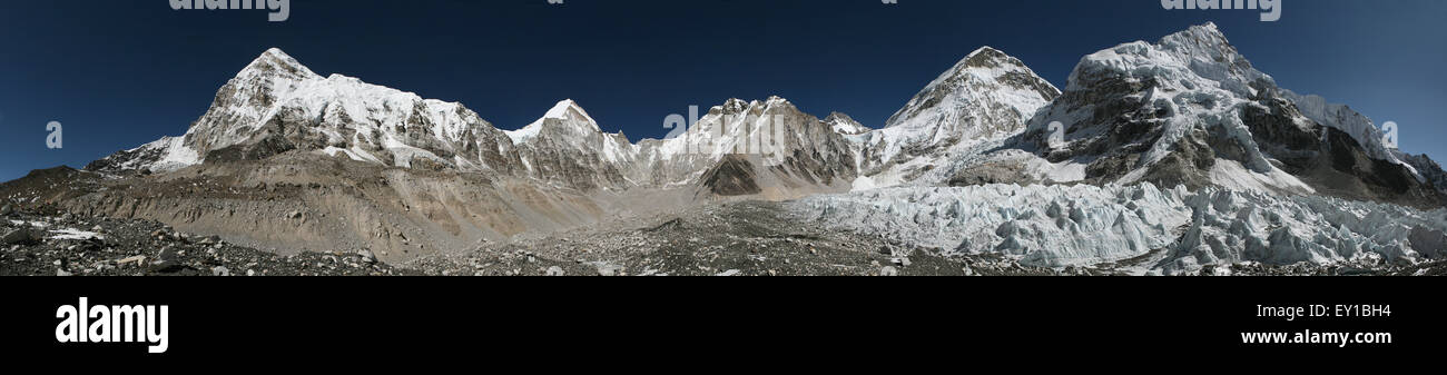 Panorama from the Everest Base Camp (5,364 m) with the Khumbu Glacier in Khumbu region, Himalayas, Nepal. Summits pictured from Stock Photo