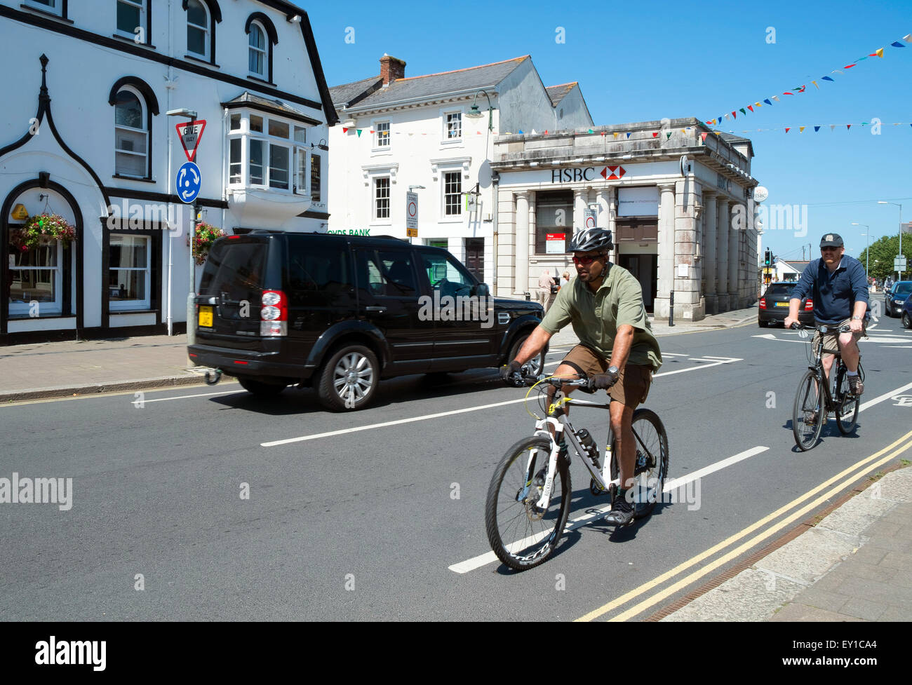 Cyclists in the town of Wadebridge, Cornwall, Uk after using the Camel Trail cycle route Stock Photo
