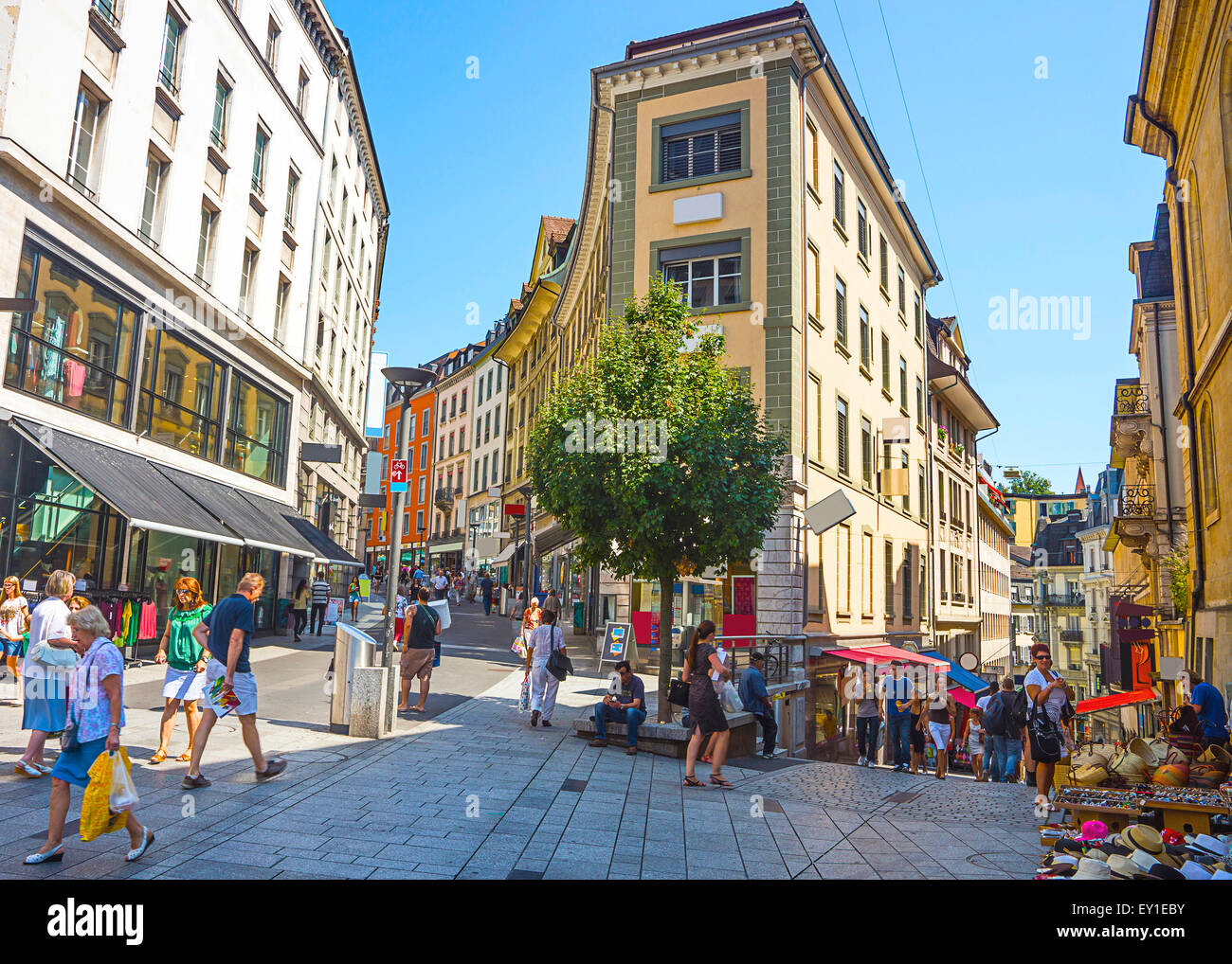 LAUSANNE, SWITZERLAND - AUGUST 23, 2013: View of Lausanne street in summer Stock Photo