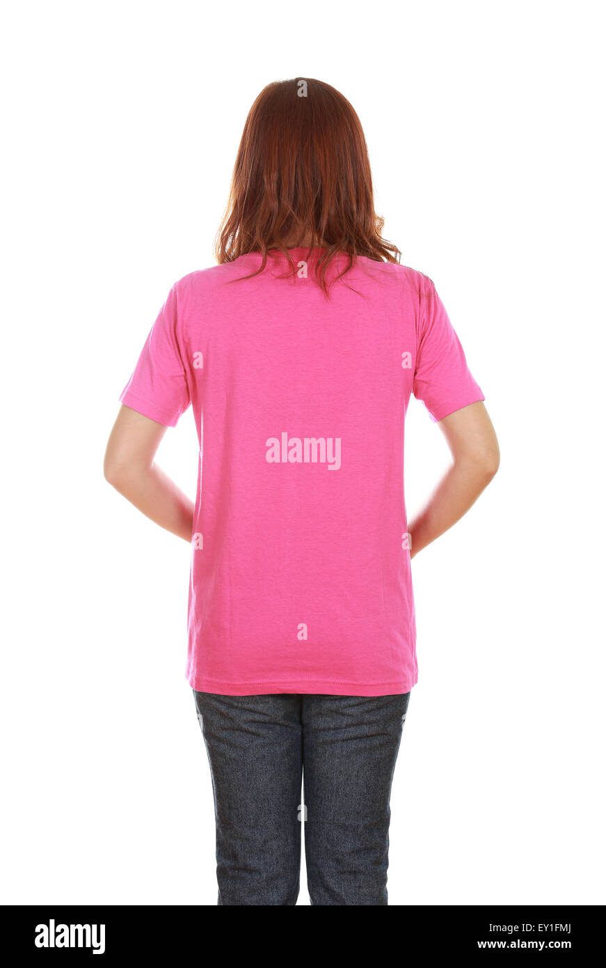female with blank pink t-shirt (back side) isolated on white background Stock Photo