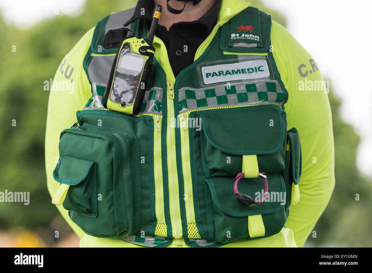 A closeup of a Welsh paramedic / ambulance worker. The Welsh ambulance service are under pressure to improve response times. Stock Photo