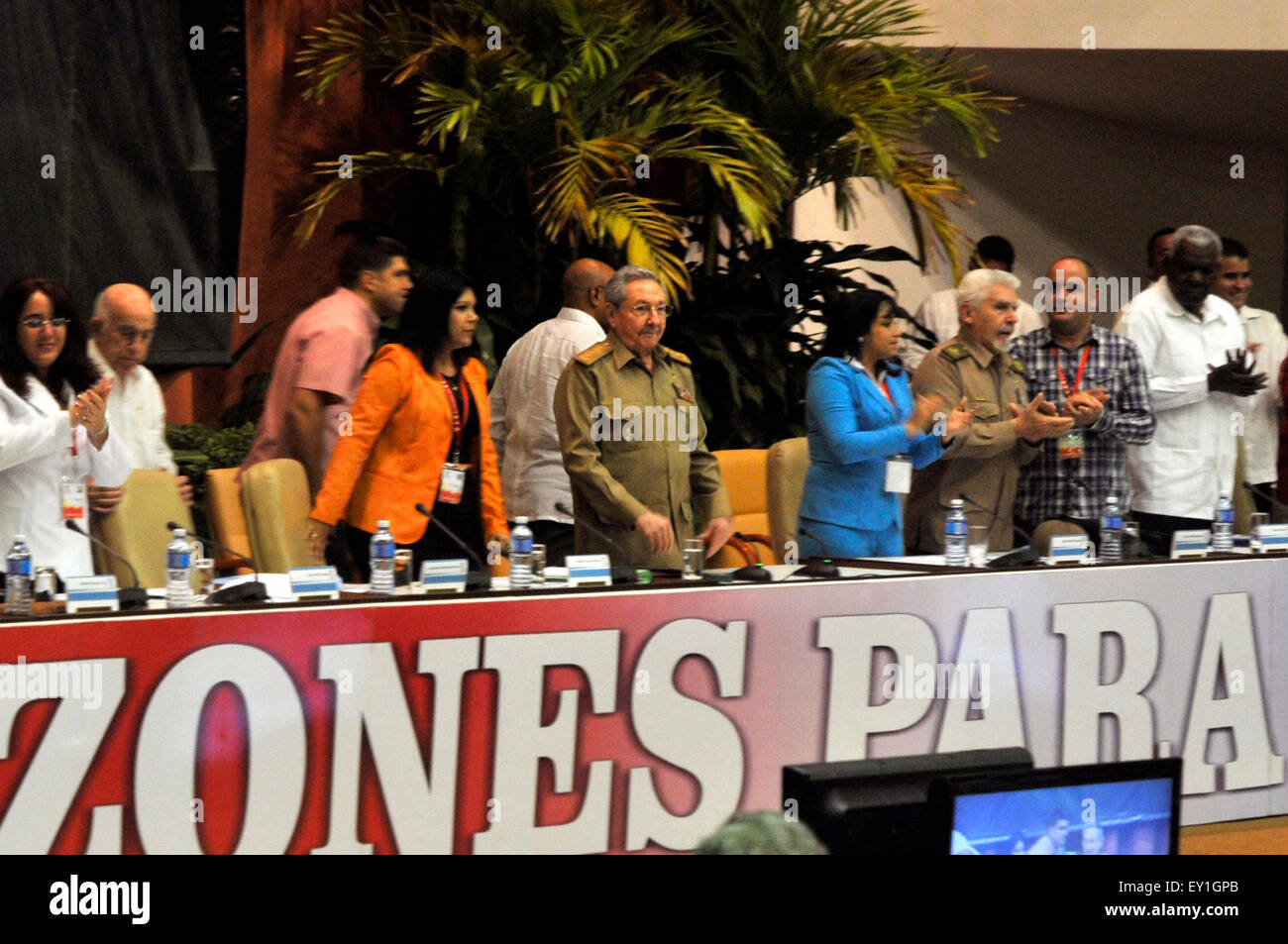 Havana, Cuba. 19th July, 2015. The Cuban leader Raul Castro (C) attends the closing meeting of the 10th Congress of the Young Communist League (UJC) in the Conventions Palace, in Havana, Cuba, on July 19, 2015. Raul Castro and 600 delegates and guests attended the 10th Congress of the UJC, which began on Friday in Havana, according to the local press. Credit:  Jose Tito Merino/Prensa Latina/Xinhua/Alamy Live News Stock Photo