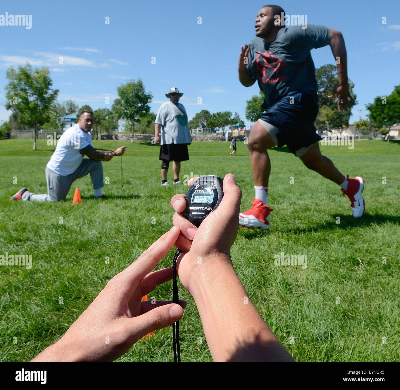Usa. 19th July, 2015. SPORTS -- Former Lobo Jamal Rice is timed during ...