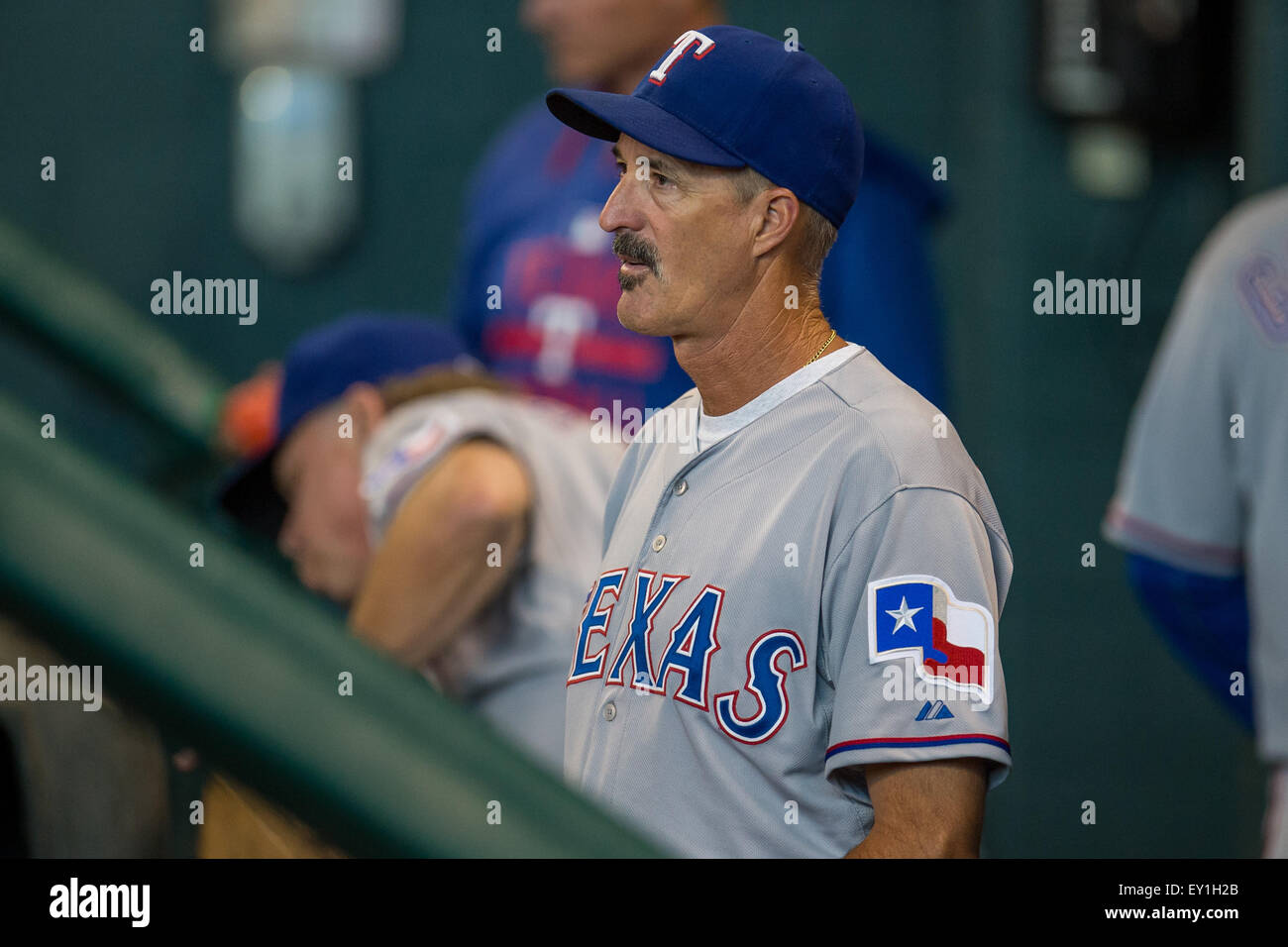 Houston, Texas, USA. 19th July, 2015. Texas Rangers pitching coach Mike