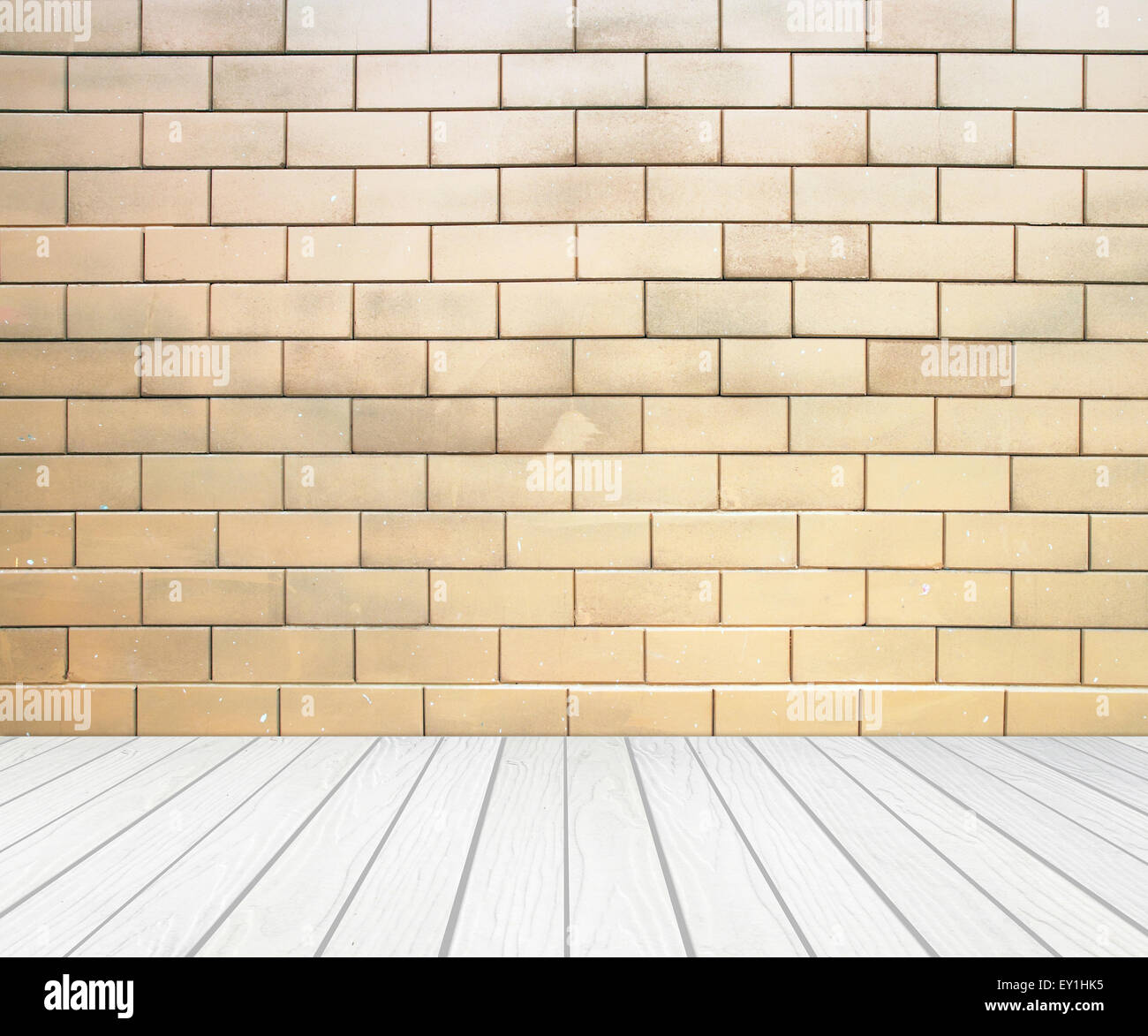room interior with brick wall and white wood floor background Stock ...