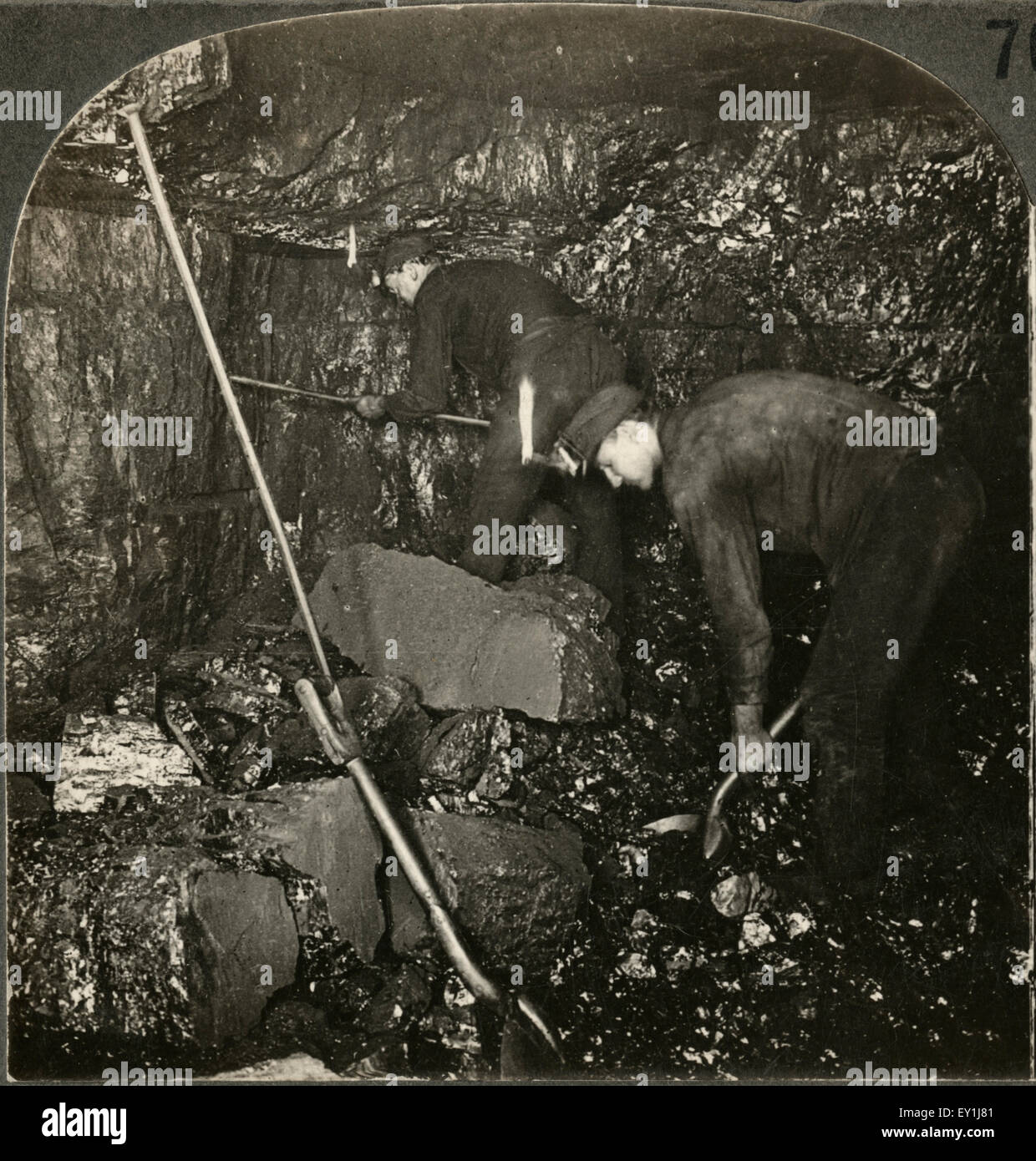 Miner Drilling and Laborer Loading Anthracite, Scranton, Pa,  Single Image of Stereo Card, Circa 1915 Stock Photo