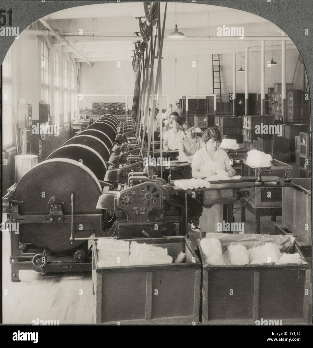 First Drawing or Straightening of Fibers, Silk Industry (Spun Silk), So. Manchester Conn., Single Image of Stereo Card, circa 1914 Stock Photo