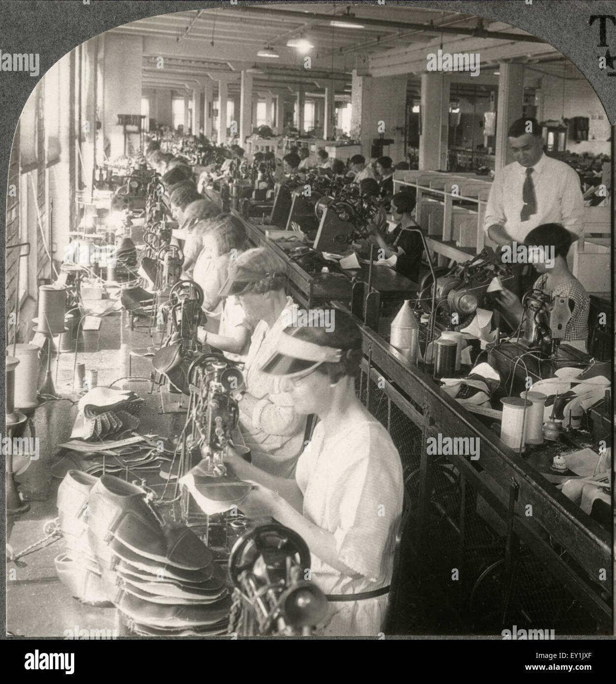 General View of Stitching and Fitting Department in a Large Shoe Factory Syracuse N.Y., Single Image of Stereo Card, circa 1916 Stock Photo