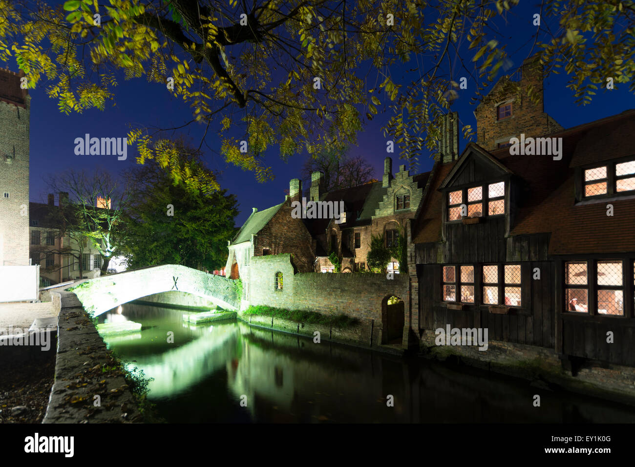 Nighttime in Bruges.  Flanders in Belgium Stock Photo