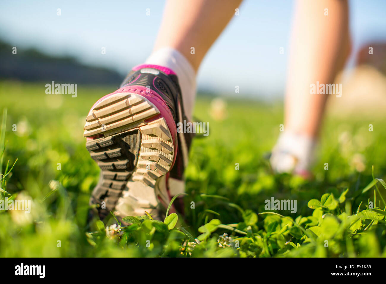 Close-up sole running shoe on green grass in a sunny day. Stock Photo