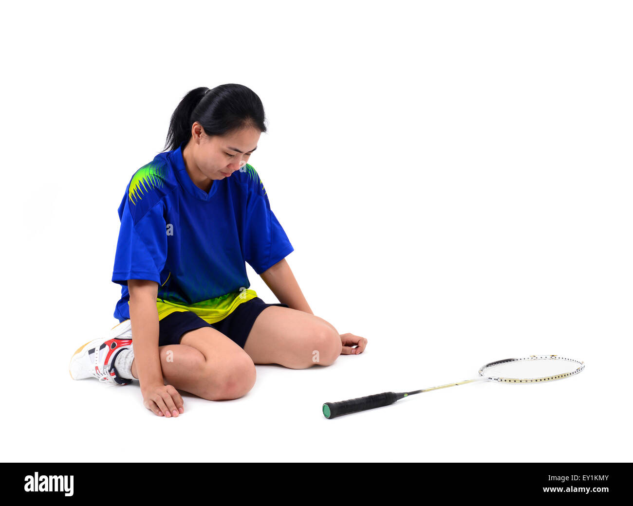 badminton player in action isolated on white background Stock Photo