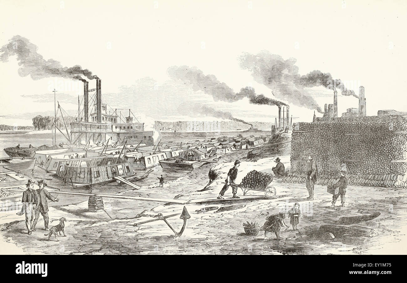 Construction of Floating Mortar Batteries, Etc., Upper Ferry, St. Louis, Missouri. USA Civil War Stock Photo
