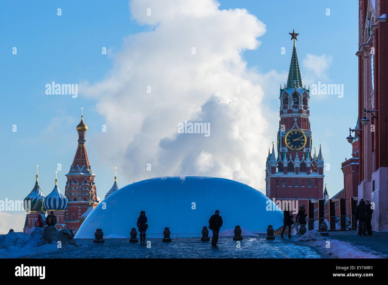 St. Basil's cathedral, Spassky tower of the Kremlin and protective cover over Lenin's mausoleum Stock Photo