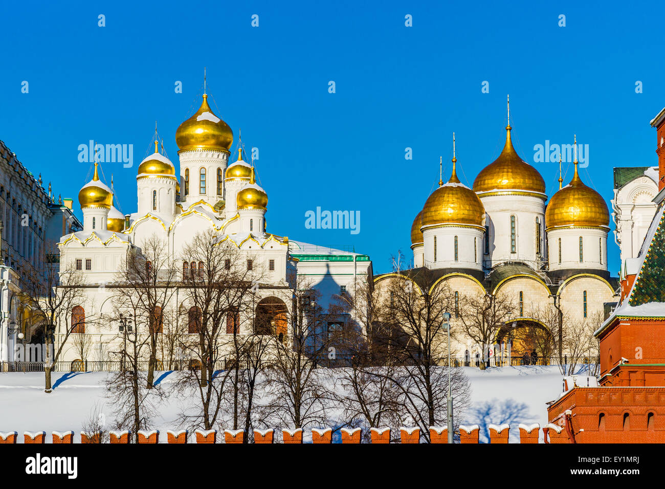 Annunciation and Archangel cathedrals of Moscow Kremlin in the winter day Stock Photo