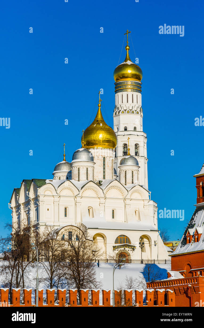 Archangel cathedral and Ivan the Great belfry of Moscow Kremlin in the winter day Stock Photo