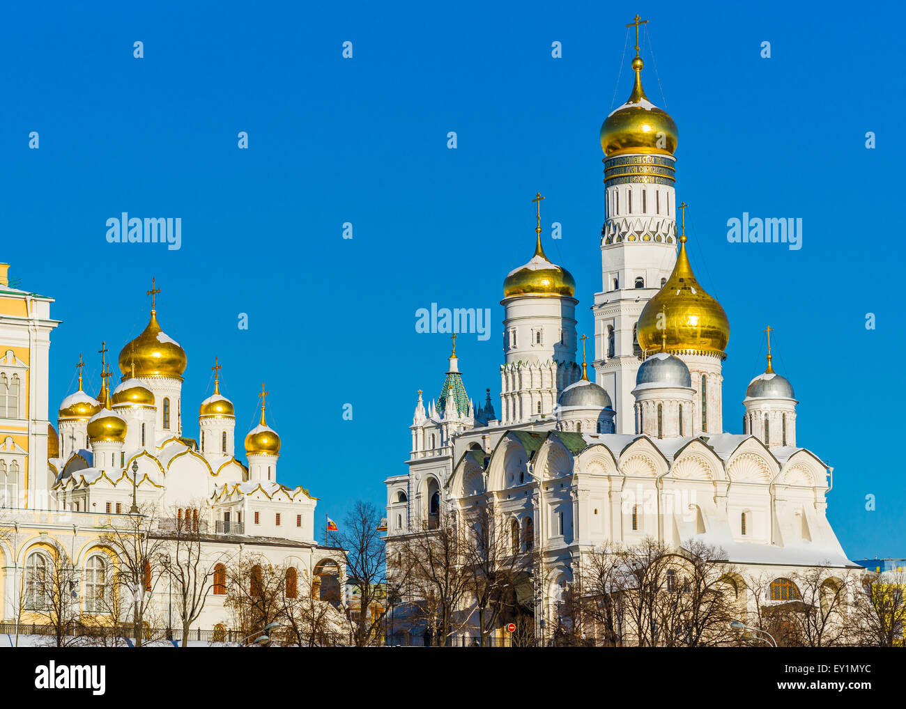 Annunciation and Archangel cathedrals of Moscow Kremlin and Ivan the Great bell tower in the winter day Stock Photo
