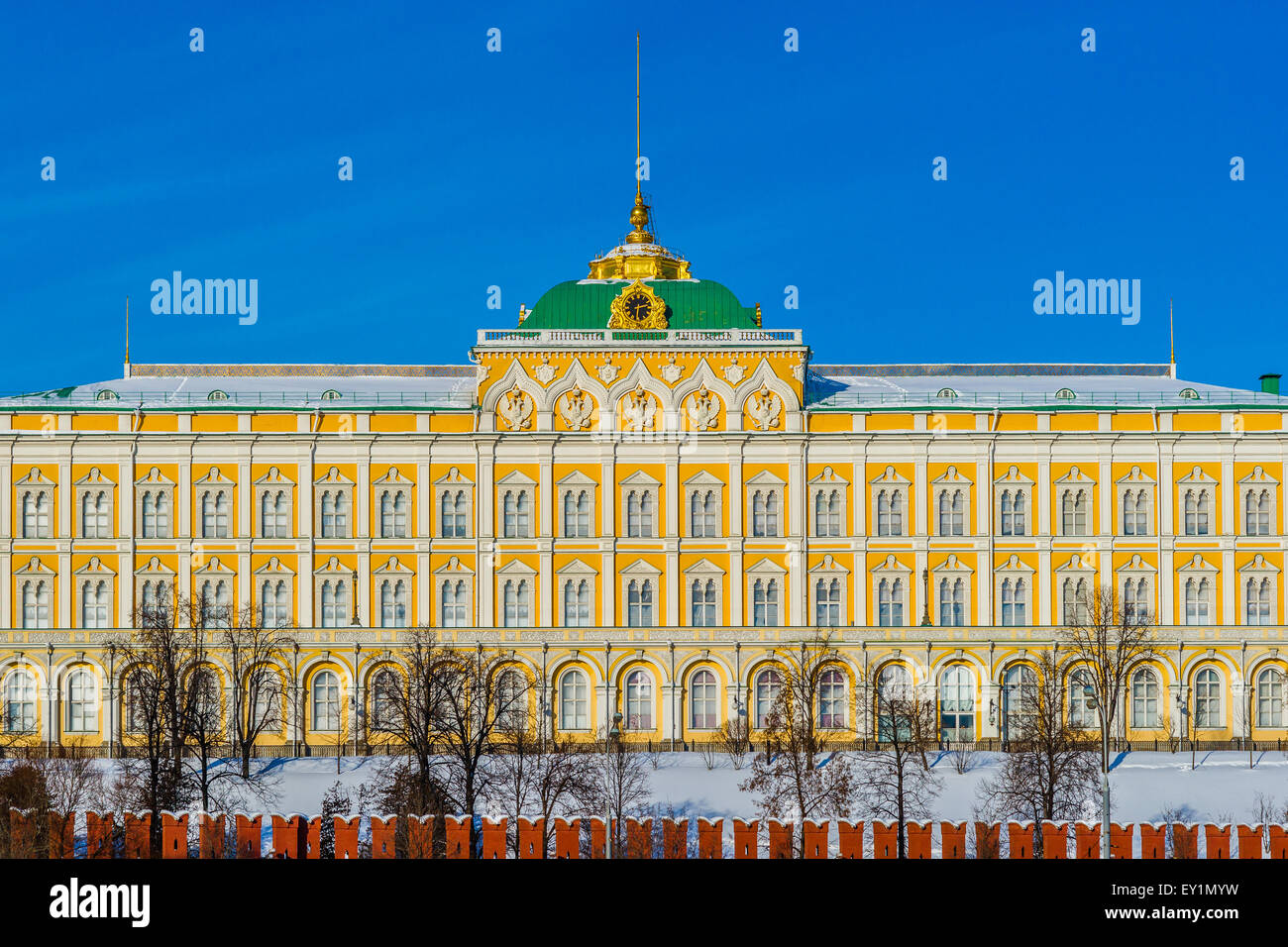 Grand Kremlin palace details in the winter day against the background of clear blue sky Stock Photo