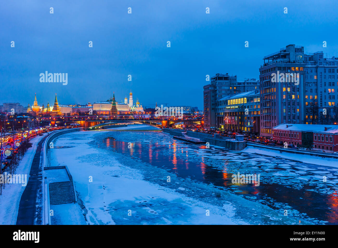 The Moscow river and the Kremlin at winter night. The Variety Theater (right). The blue hour. Stock Photo
