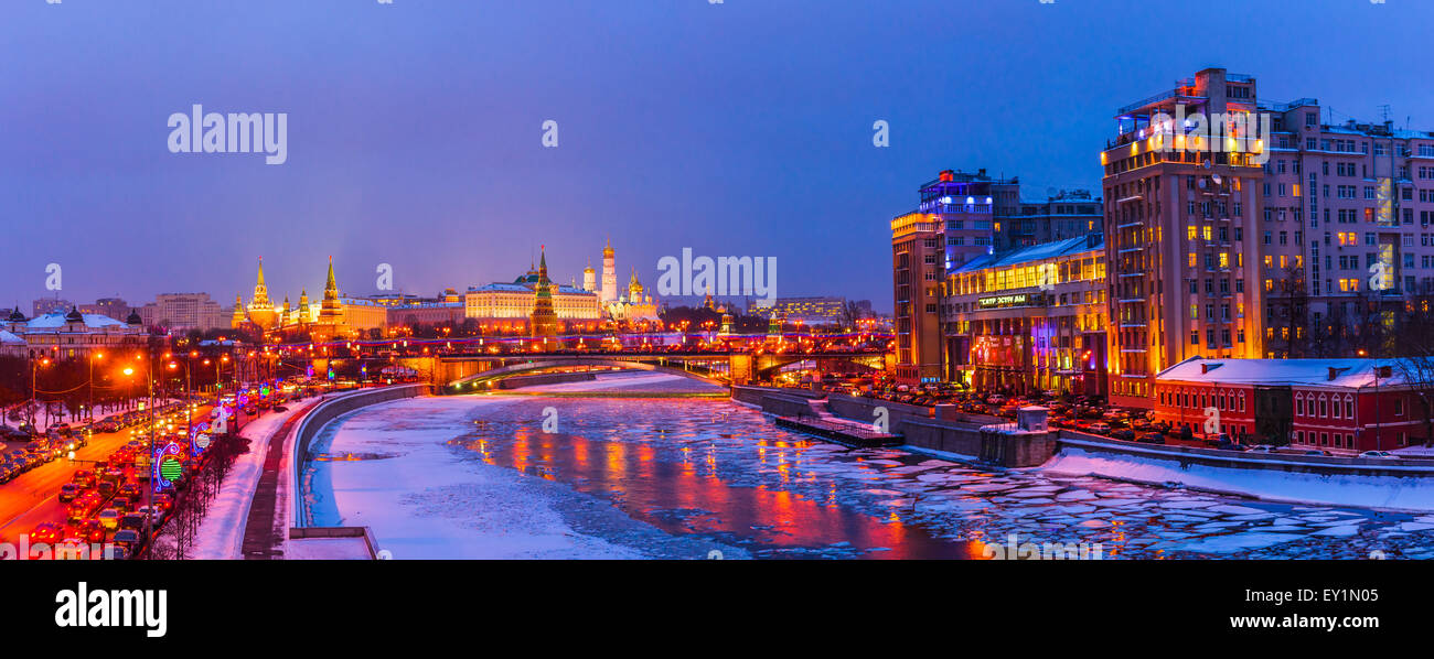 Panorama of the Moscow river and the Kremlin at winter night. Large Stone bridge (center). The Variety Theater (right). Stock Photo