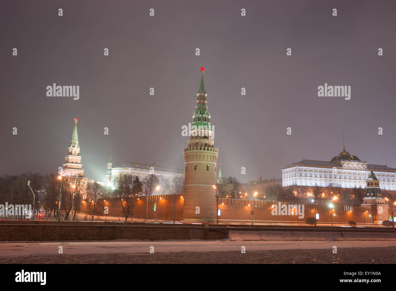 The Moscow river and the Kremlin at winter night. Stock Photo