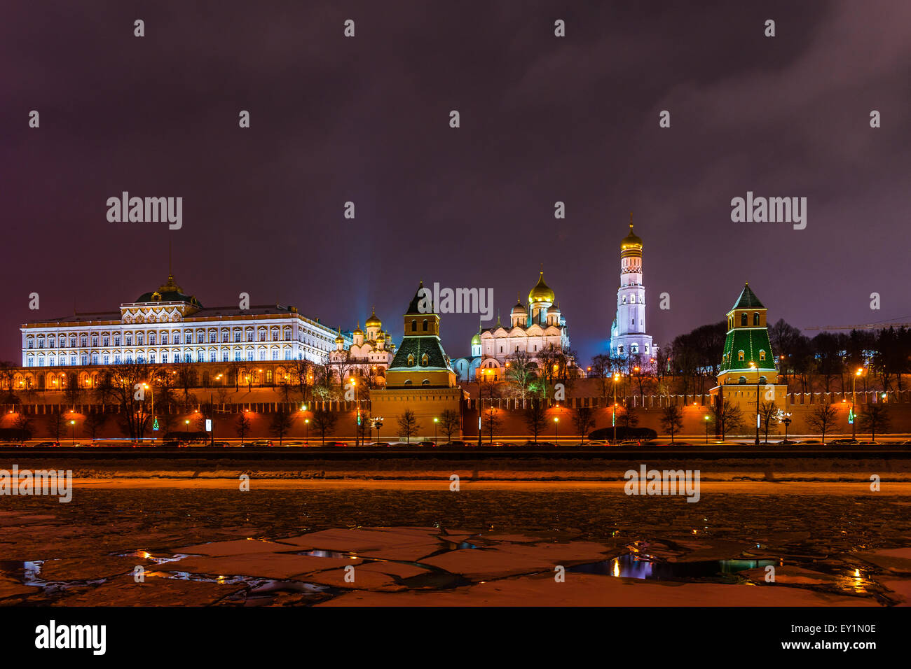 Grand Kremlin palace and cathedrals at winter night. The Moscow river and the Kremlin embankment. Stock Photo