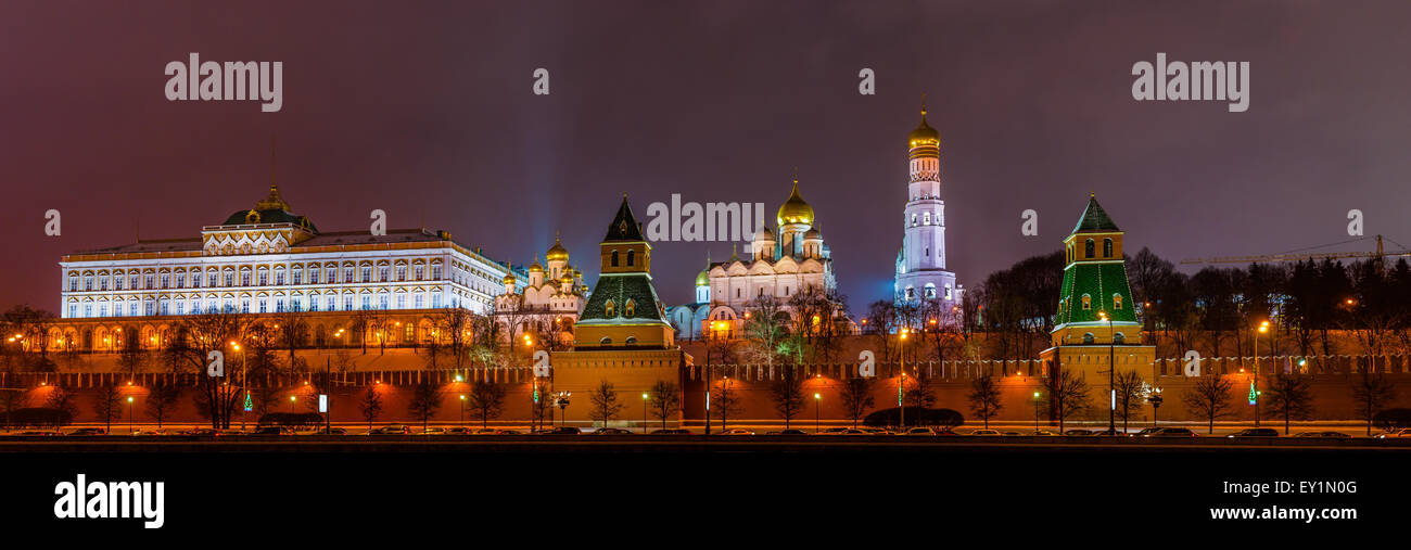 Panorama of the Kremlin at winter night. Grand Kremlin palace and cathedrals. Ivan the Great belfry. Stock Photo
