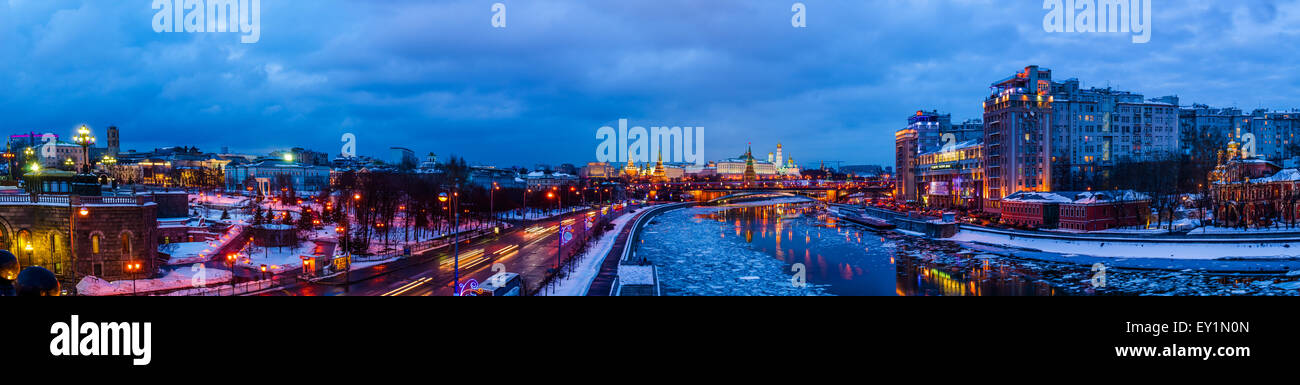 Panorama of the Moscow river and the Kremlin at winter night. Large Stone bridge (center). The Variety Theater (right). Stock Photo