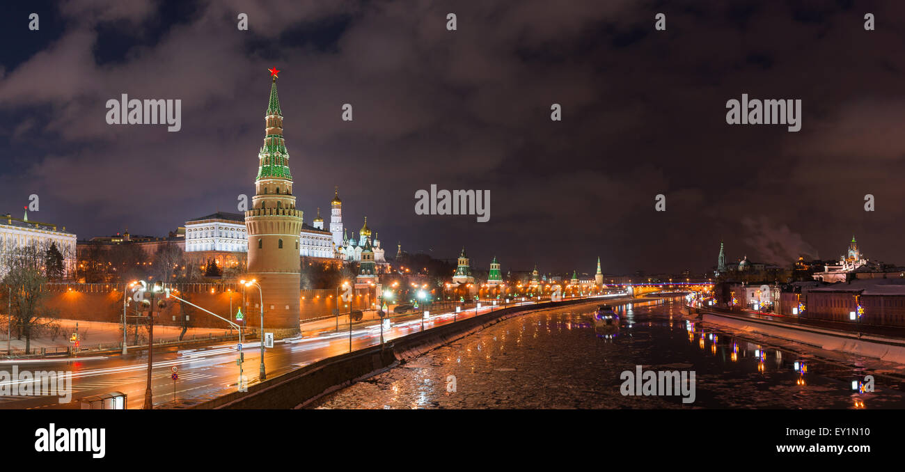 Panorama of the Moscow river and the Kremlin at winter night. The Kremlin embankment (left), Sophia embankment (right). Stock Photo