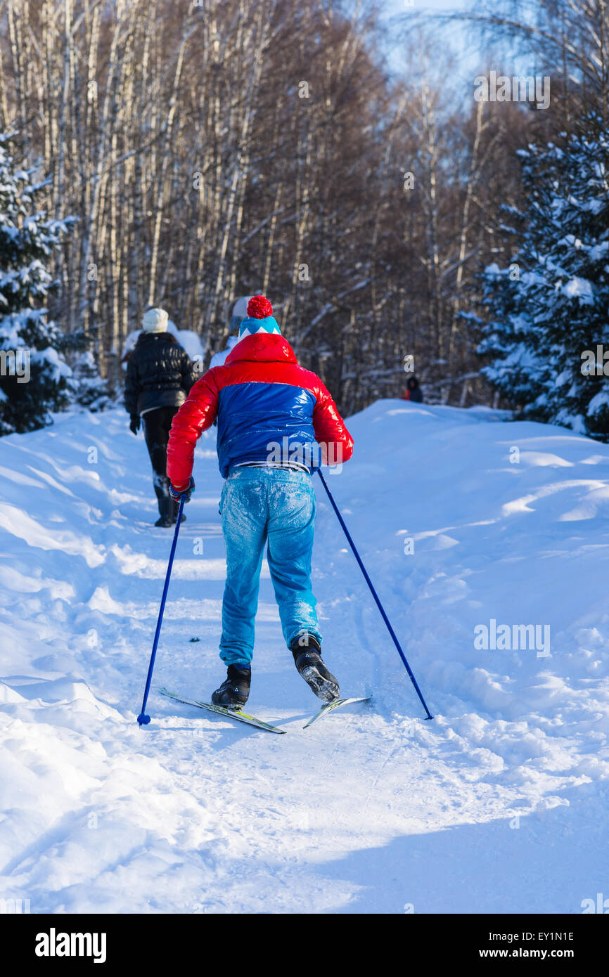 Unidentified, unrecognizable cross country skier on a pathway in the