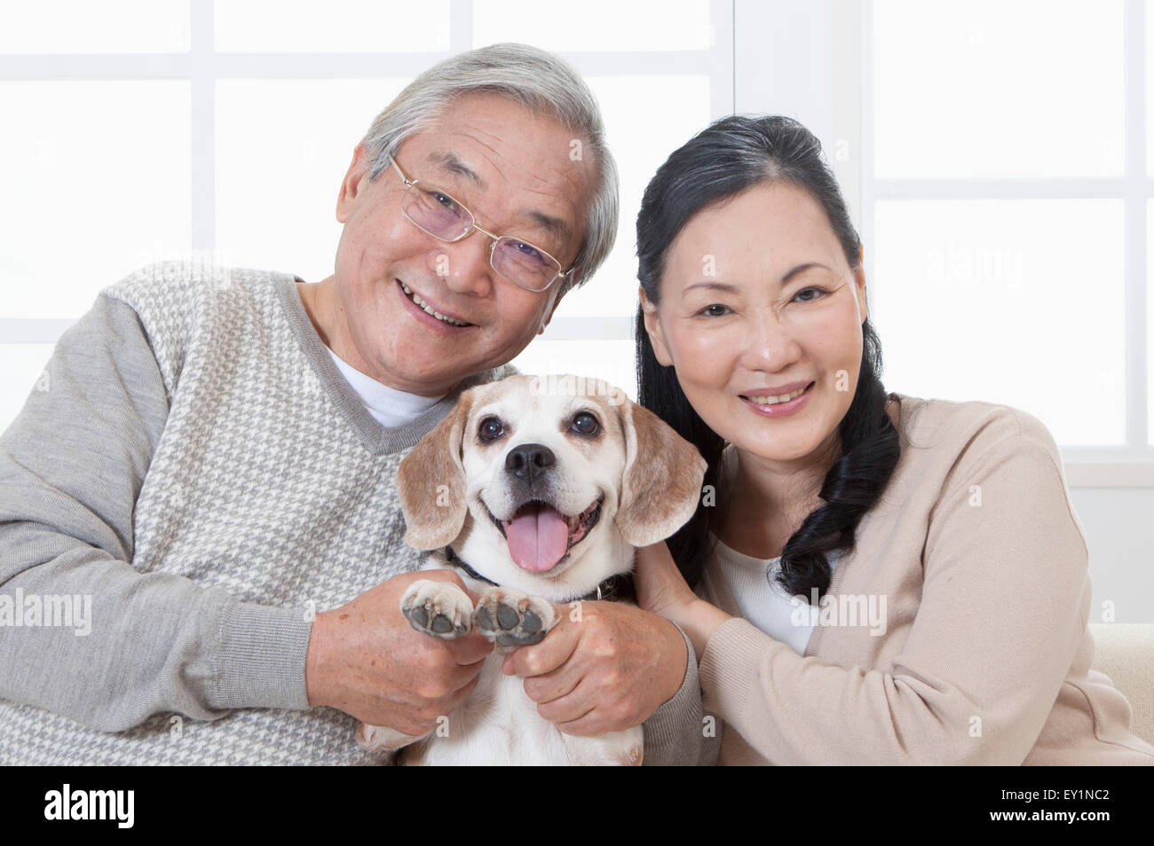 Senior couple smiling happily at the camera with a dog Stock Photo - Alamy