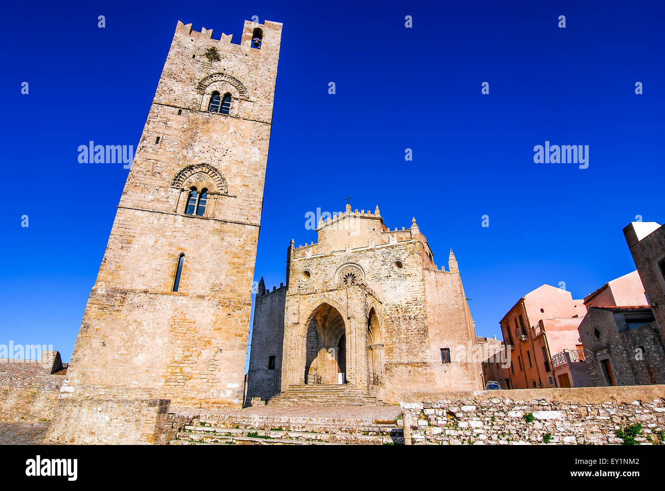 Erice, Sicily. Chiesa Madre (Matrice), Cathedral of Erix dedicated to Our Lady of the Assumption built in 1314, Italy. Stock Photo
