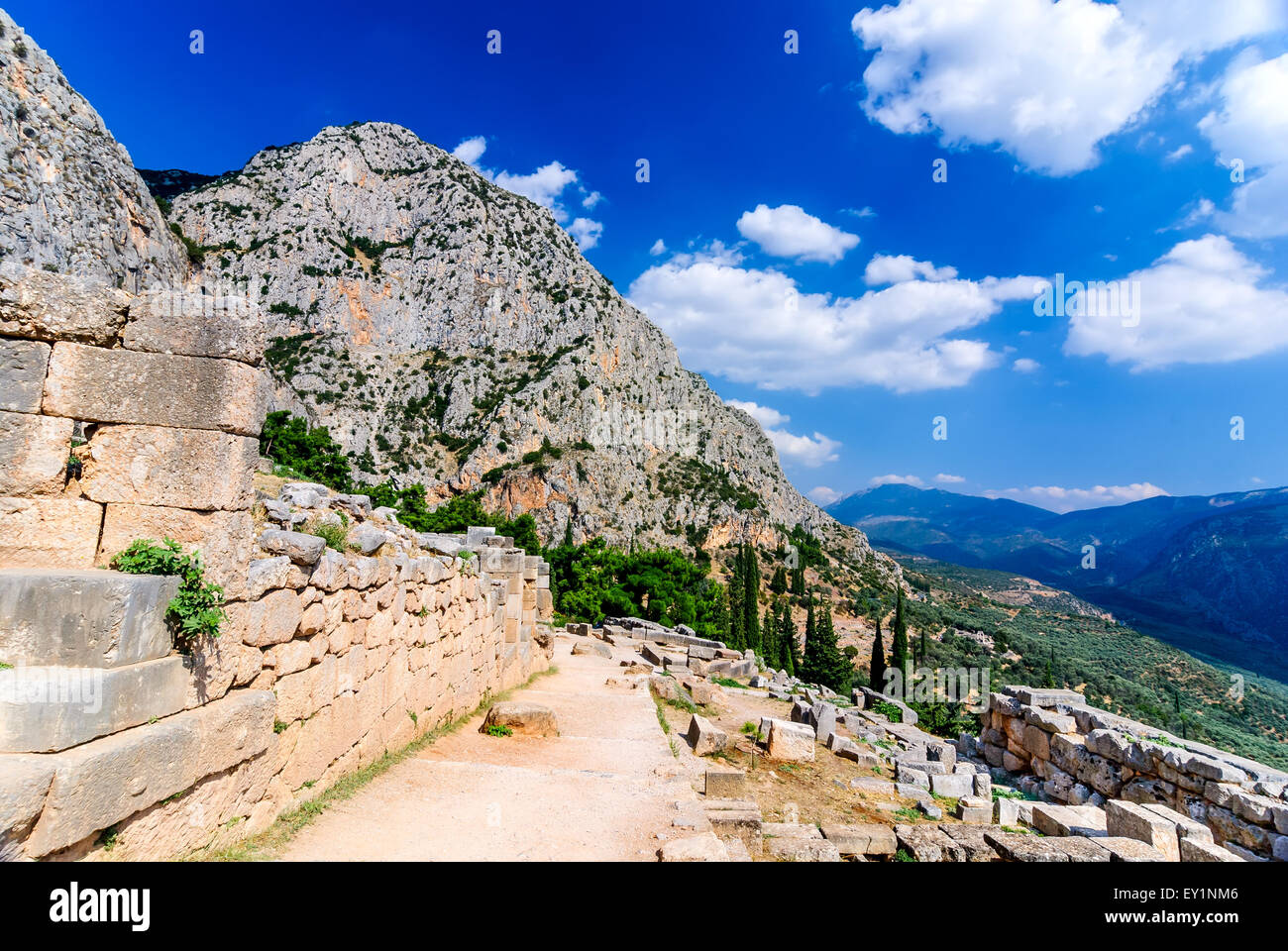 Ancient Greece. Ruins remains of the large temple of Apollo, Delphi, Greece, greek culture landmark. Stock Photo