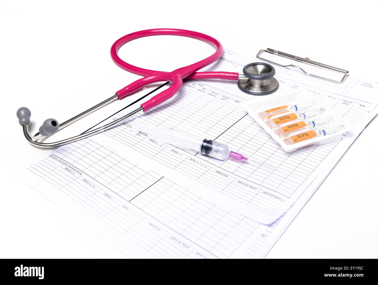 ampule syringe and stethoscope on white table Stock Photo - Alamy