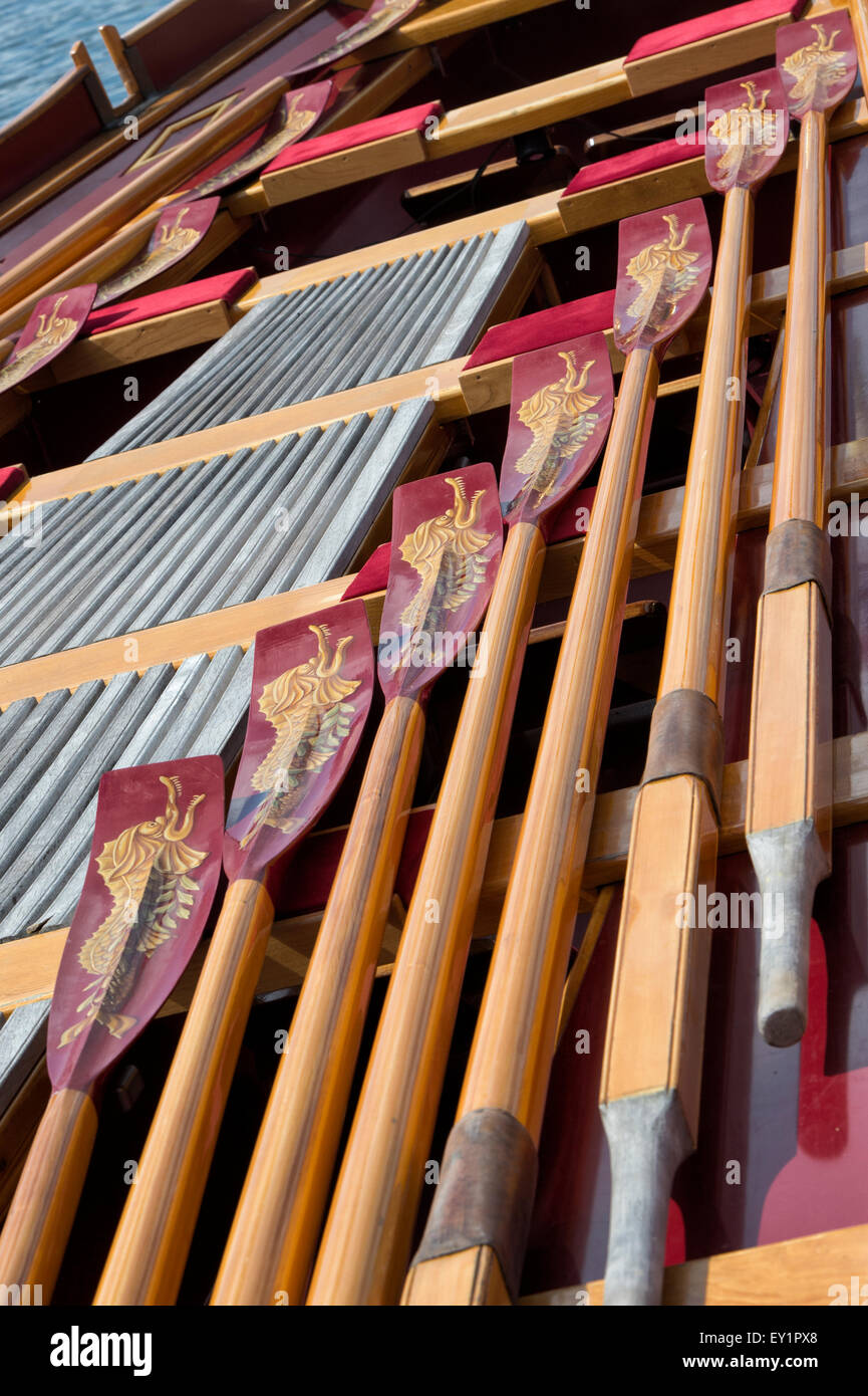 Oars on the The Queen's Rowbarge Gloriana at the Thames Traditional Boat Festival, Fawley Meadows, Henley On Thames, Oxfordshire, England Stock Photo
