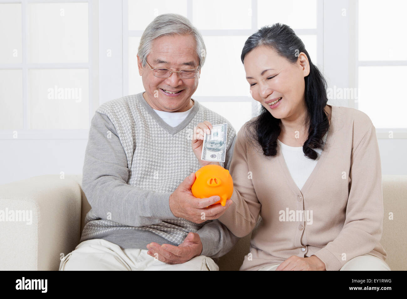 Senior couple putting paper money into piggy bank with smile Stock ...