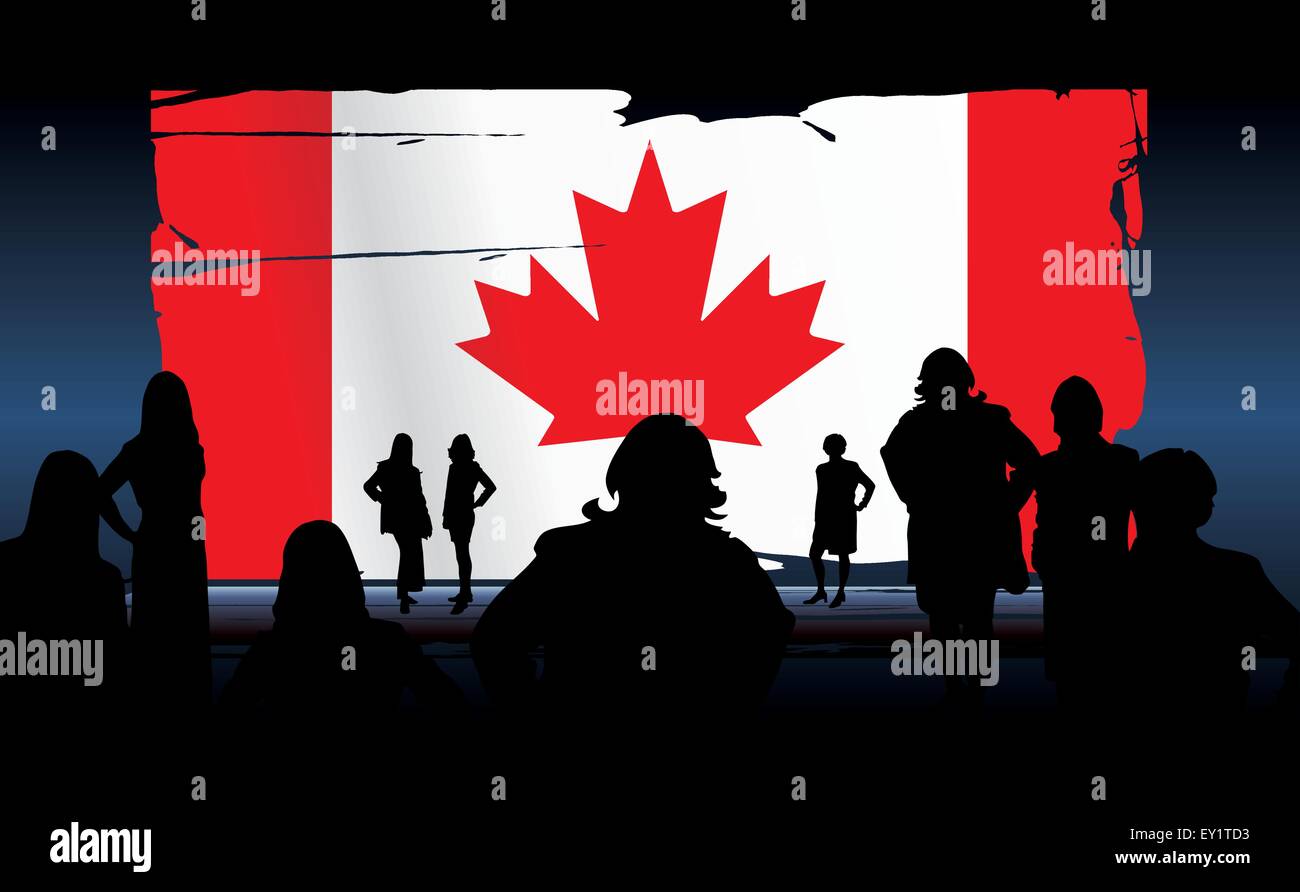 silhouettes of people in front of an canadian flag Stock Vector