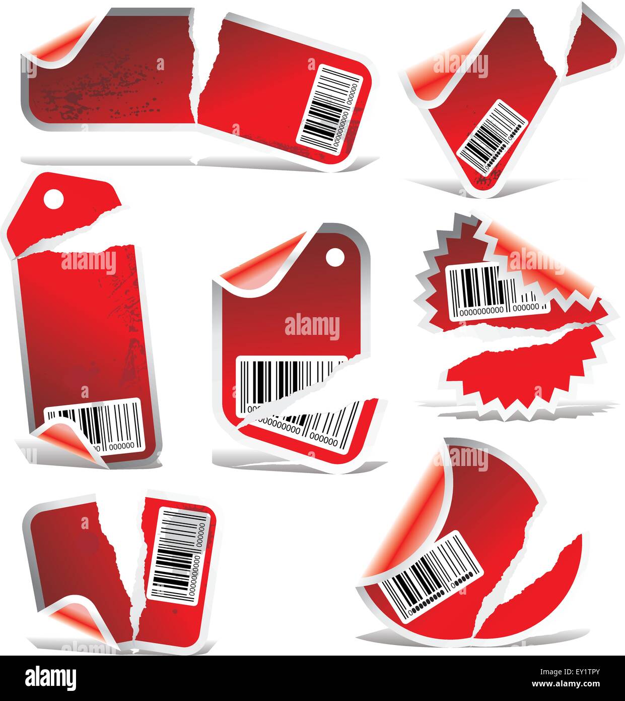 red ripped tag and sticker set with bar codes - vector illustration Stock Vector