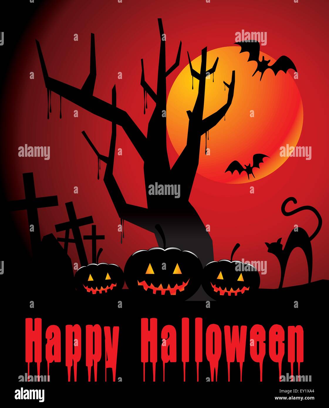 halloween background with full orange moon, pumpkin and black cat ...