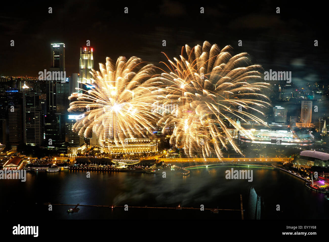SG50 NDP Fireworks Display along One Fullerton Stock Photo