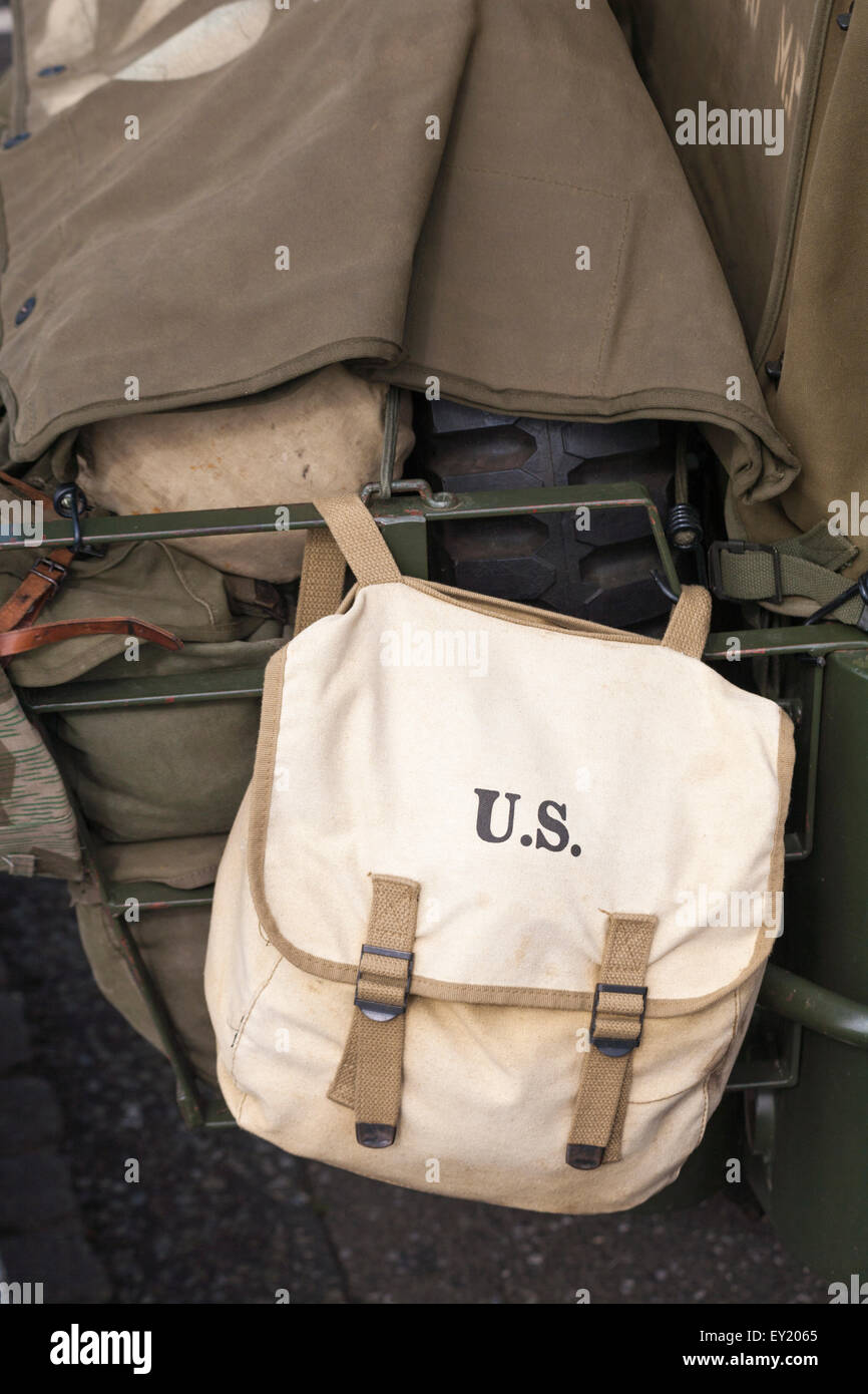 Detail of U.S. bag hanging on military vehicle on display at Poole Vintage event in July Stock Photo