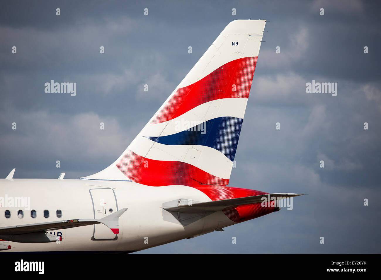 Tail fin of British Airways plane Airbus A318 G-EUNB at Royal International Air Tattoo at RAF Fairford, Gloucestershire, UK Stock Photo