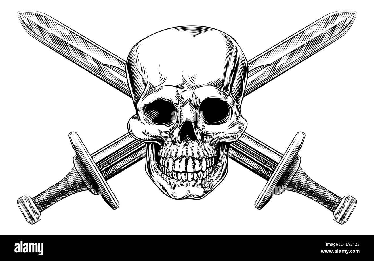 Human skull and two crossed swords pirate style sign in a vintage woodblock style Stock Photo