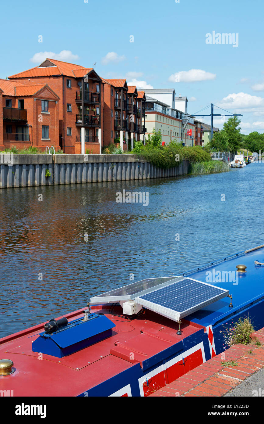 Solar panel on top of narrowboat moored on River Trent in Newark, Nottinghamshire, England UK Stock Photo