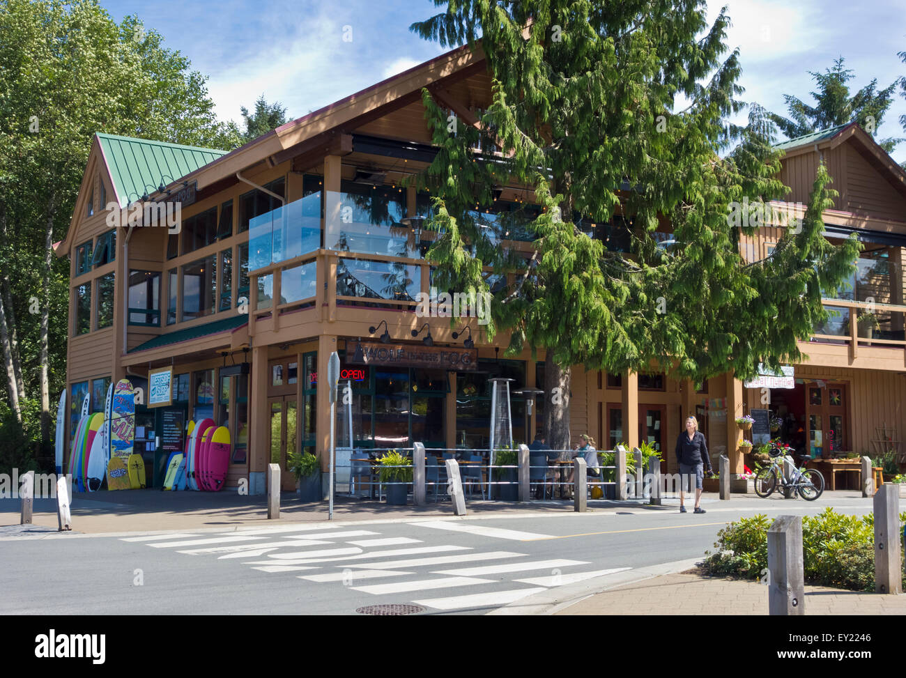 Exterior building of Wolf in the Fog restaurant and a surfer shop in the town of Tofino, British Columbia, on Vancouver Island. Stock Photo