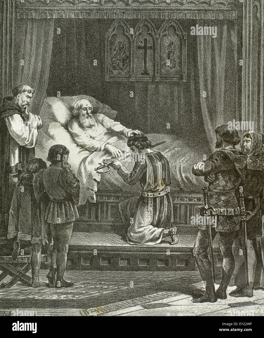 James I the Conqueror (1208-1276). King of Aragon. Last moments of James I. Ceremony of delivery of his sword to his son Dom Peter. Engraving in History of Spain, 19th century. Stock Photo