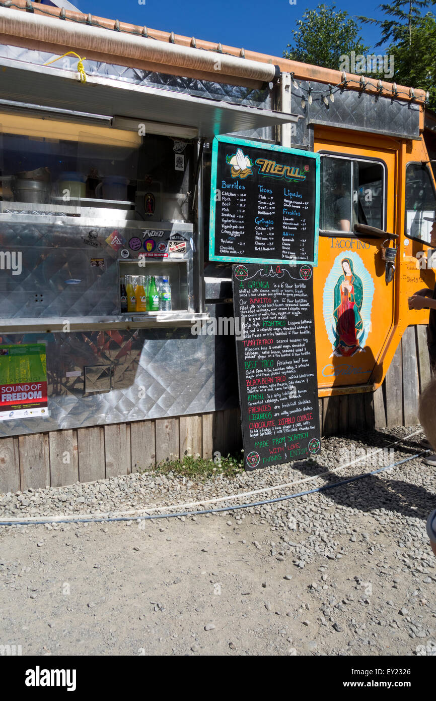 Menu and side of Tacofino food truck, a highly rated takeout restaurant in Tofino, BC. Stock Photo