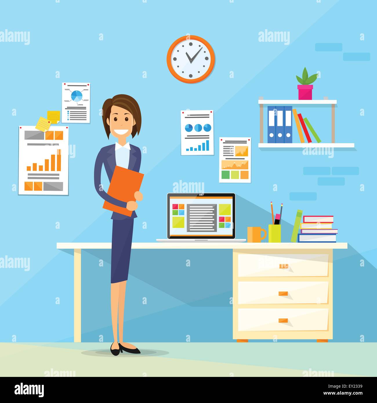 Business Woman Desk Office Working Place Flat Vector Stock Vector Image ...