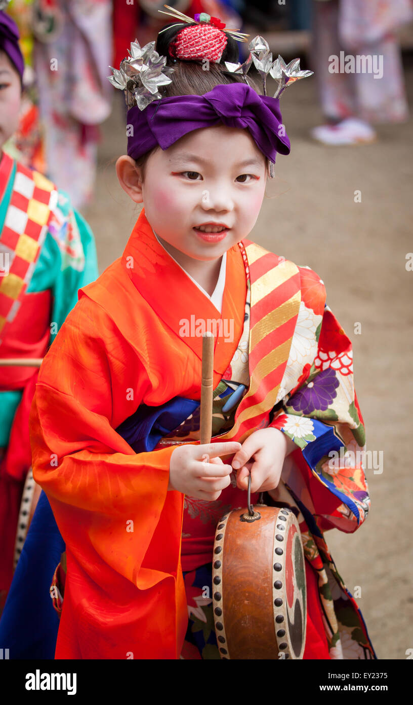 KYOTO, JAPAN - JULY 7: little Japanese girl in geisha makeup and a kimono during Tanabata Festival celebrations Stock Photo